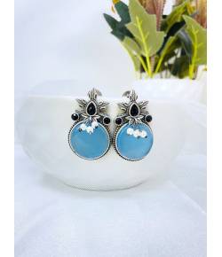 Sky-Blue Oxidized Silver Traditional Drop Earrings for Weddings and Festivals